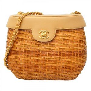 Chanel Shoulder Bag Chain Lambskin Rattan Beige Brown Women's